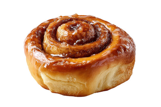 Close up of a glazed cinnamon roll with swirl pattern on black background pastry sweet
