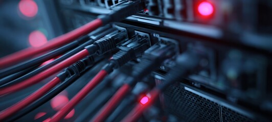 The Network Switch with Red Ethernet Cables and Blinking LED Lights in Rack