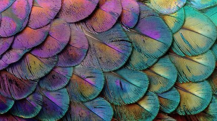 Close up of iridescent peacock feathers with blue, purple, and green colors. Radiant bird plumes texture for exotic abstract background.