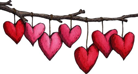 Hanging Hearts Display: Seven Vibrant Hearts on Branch Symbolizing Love and Connection