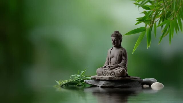 Tranquil buddha statue on stones amid bamboo and water reflection