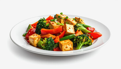 Colorful Tofu and Vegetable Stir-fry with Broccoli, Red Pepper, and Peas on a Plate