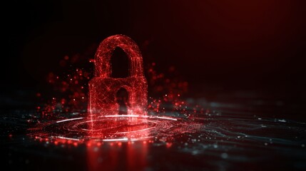 Red digital padlock made of glowing lines and dots on dark background. Cybersecurity and data protection. Network security or cyber attack detection.