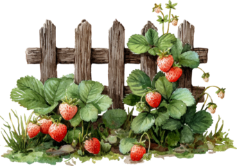 Lush Strawberry Plants Against a Rustic Wooden Fence in a Vibrant Garden Scene