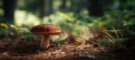 The mushroom standing alone on forest floor with soft sunlit bokeh and moss