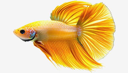 Vibrant yellow Betta fish with flowing fins and scales, isolated on a clean white background, showcasing its striking beauty.