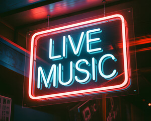 Glowing neon sign that reads &ldquo;LIVE MUSIC&rdquo; mounted indoors in a dark environment