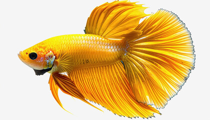 A magnificent yellow Betta fish in profile, its elaborate fins and textured scales sharply defined against a pure white background.