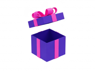 A purple gift box with pink stripes and bow on transparent background
