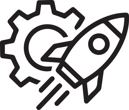 Black line icon of rocket ship with gear and speed lines