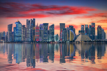 Doha, Qatar - The Panoramic skyline of Doha, Qatar during sunset sunrise