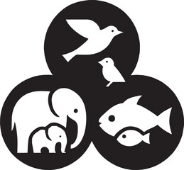 Fototapeta premium Illustration showing animals from three different groups including birds elephants fish family