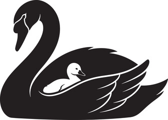 Obraz premium Swan with cygnet silhouette illustration mother and baby aquatic bird black vector design