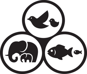 Interlocking circles with birds elephants and fish symbols nature concept