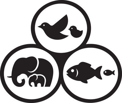 Interlocking circles with birds elephants and fish symbols nature concept