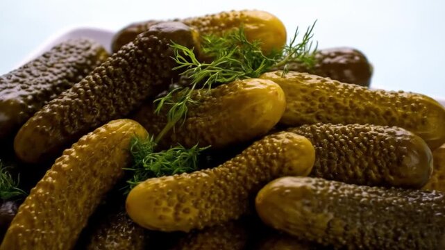 Close up of preserved pickles arranged on a white plate with greens