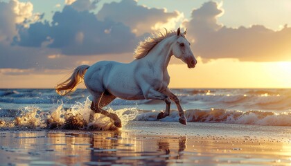 White horse running through ocean surf at sunset
