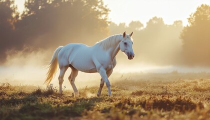 White horse standing in misty sunrise meadow