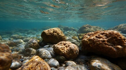Underwater riverbed with textured rocks and sunlight filtering through clear water