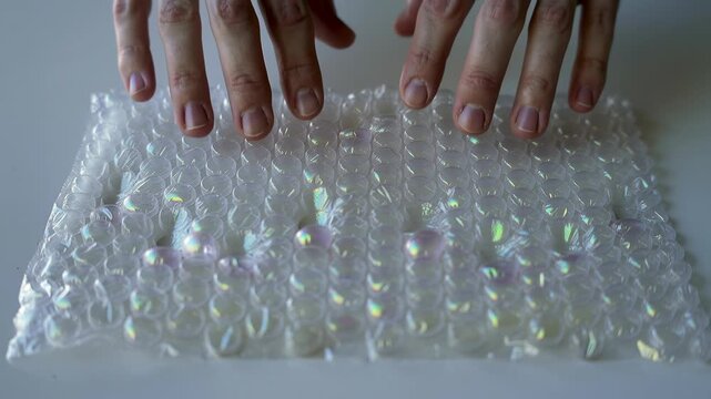 Man presses and pops bubble wrap for a stress relief activity. Popping plastic packaging bubble for fun.