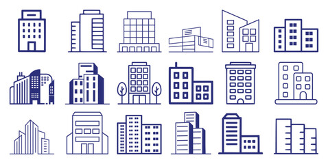Collection of simple blue line representing various building styles and cityscapes architecture
