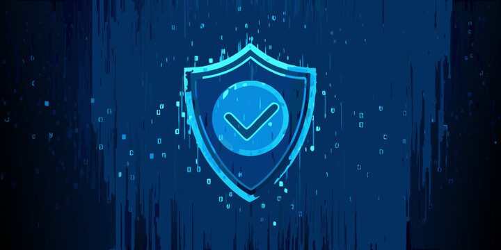 Digital security shield with a checkmark symbol on a dark blue background