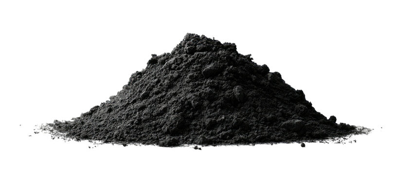 A grayscale macro photograph features a pile of fine granular material against a stark black background