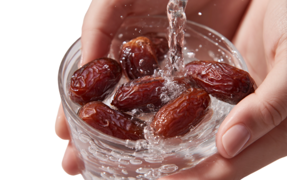 Close perspective of hands participating in the spiritual act of breaking fast with dates isolated on transparent background PNG - Powered by Adobe