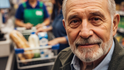 Elderly man smiling at grocery store checkout with shopping cart  