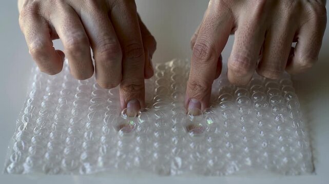 Woman making a gel slime stress ball by pressing fingers on bubble wrap, fun diy craft for relaxation and sensory play