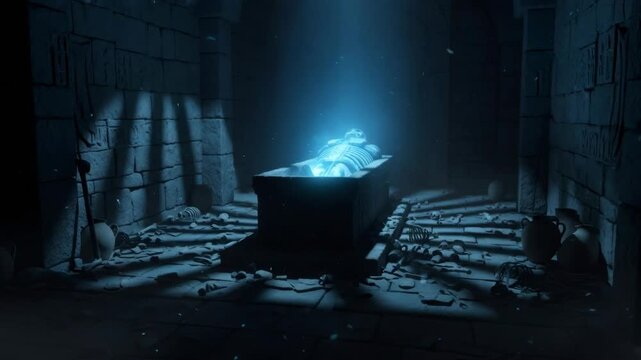 Eerie crypt with glowing skeleton animation. Ancient supernatural burial, mystic underworld discovery, mysterious tomb exploration.