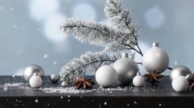 Elegant winter scene with frosted branches, gleaming ornaments, and a soft, snowy backdrop ideal