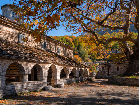 Taxiarchon church in mountain village Mikro Papigko in Mountains Epirus in Greece