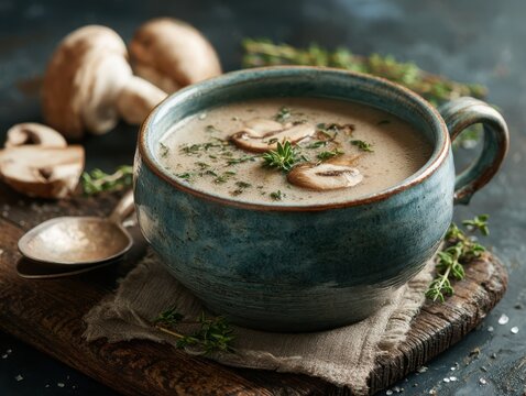 Creamy Mushroom Soup in a Rustic Blue Bowl with Fresh Thyme Garnish bisque food