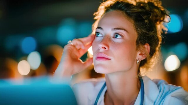 Close-up portrait of tired female doctor coping with emotional pressure after long hospital shift