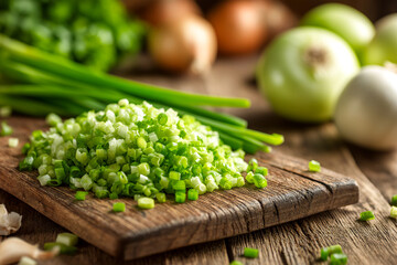 Fresh spring onions chopped on a wooden board with whole onions in the background Generative AI