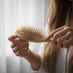 Woman holding hairbrush with tangled hair in front of white curtain background