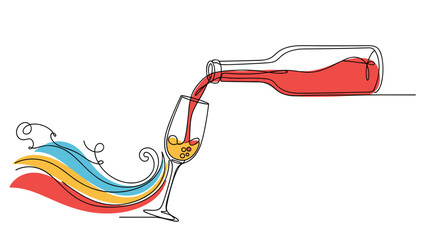 Luxury celebration and party toast concept featuring a wine bottle pouring a drink into a flute glass with swirls.