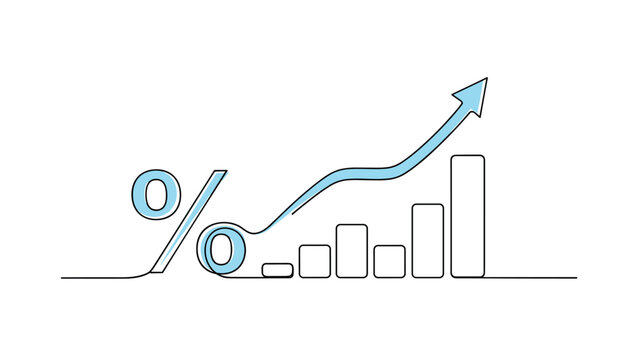 Financial profit and interest rate growth concept showing a percentage symbol beside a rising bar chart and arrow.