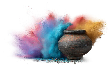 Clay pot breaking mid air with colorful dust erupting in a vibrant festive explosion isolated on transparent background PNG