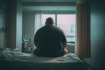 An overweight middle-aged man with short hair is sitting on a white sheeted bed in a dimly lit room facing a large window with semi-transparent curtains filtering the outdoor light