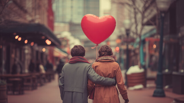  a young couple in love walks down a city street, holding hands and embracing each other. they are surrounded by a red heart-shaped balloon, symbolizing the romantic mood of valentine's day