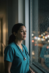 A female doctor in her 30s wearing teal scrubs and a stethoscope stands by a rain-streaked window at night, with colorful city lights reflecting off the glass and a contemplative expression