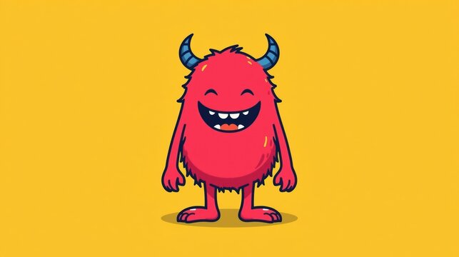 Cute Red Cartoon Monster Character on Yellow Background &ndash; Funny Mascot Illustration, Generative AI