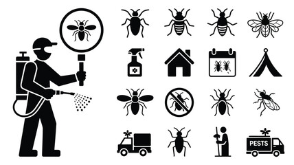 Pest control service with exterminator and various insects bugs