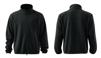 Front and back views of a black athletic jacket with a high collar and full zipper