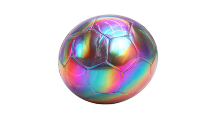 A photorealistic, iridescent soccer ball floats against a black backdrop, hexagon patterns