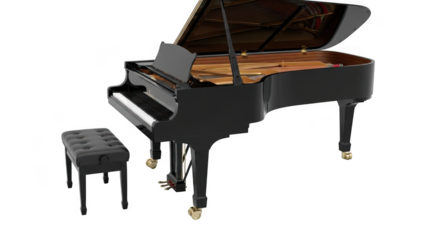 Black grand piano with stool isolated on transparent background