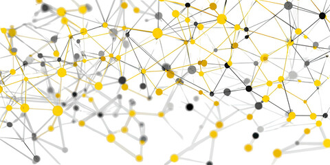 Abstract network design featuring interconnected nodes and lines in yellow, gray, and white on black