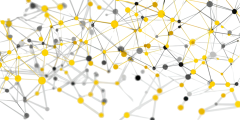 Abstract network design featuring interconnected nodes and lines in yellow, gray, and white on black